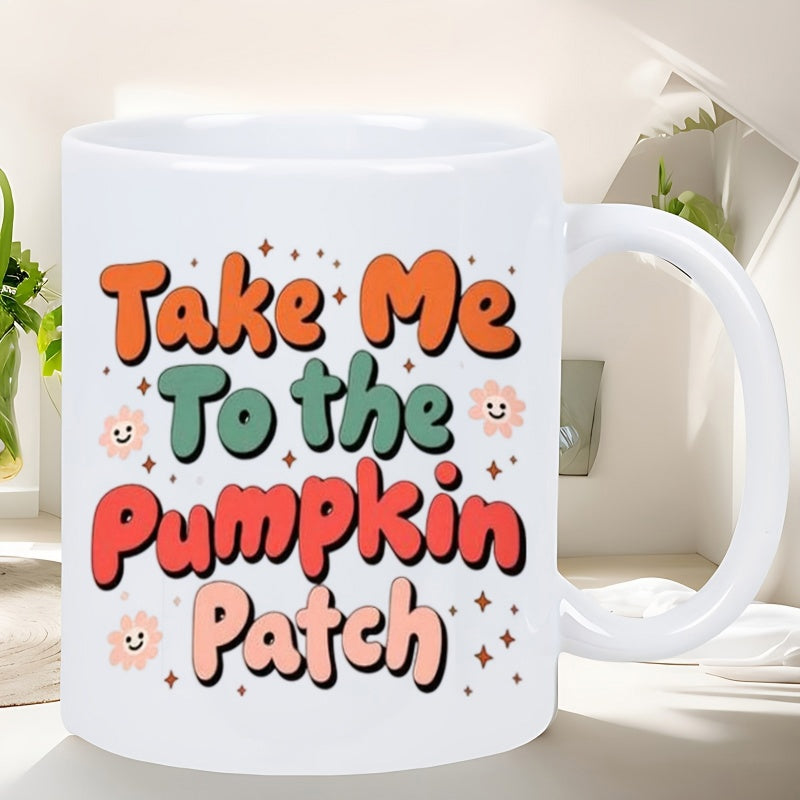 Tailorly White Ceramic 11 oz Mug - Take Me To The Pumpkin Patch Retro Smiling Flowers Among Twinkling Stars In Autumn Flower