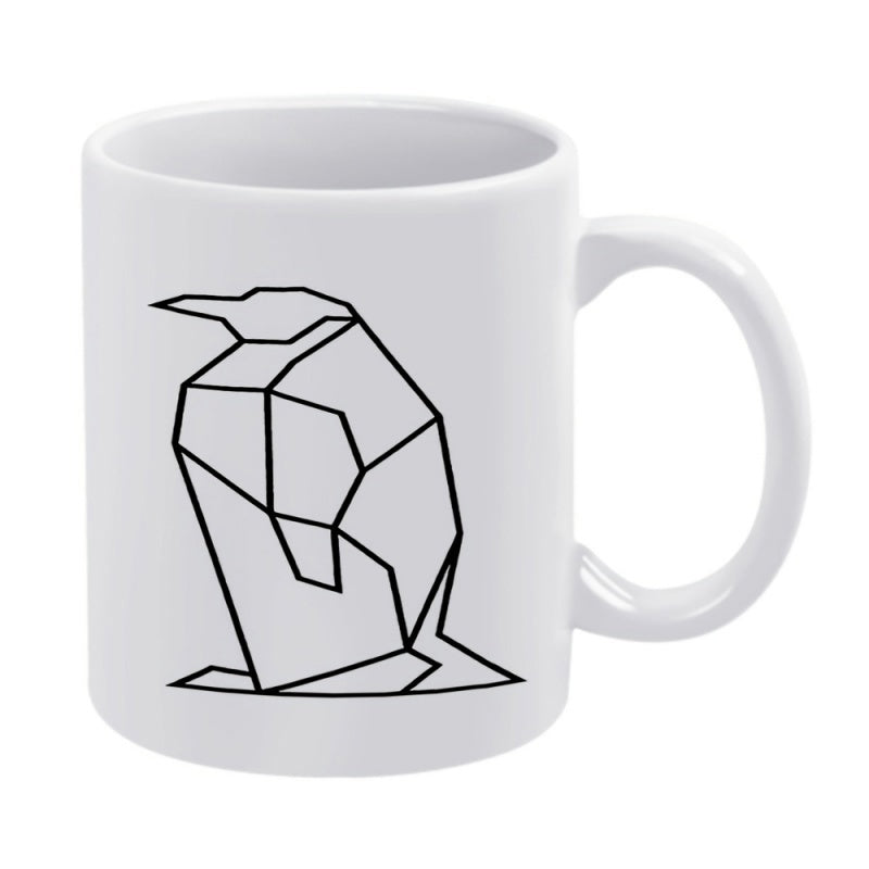 Tailorly White Ceramic 11 oz Mug - Minimalist Geometric Black Lines Forming A Standing Arctic Bird Profile Penguin