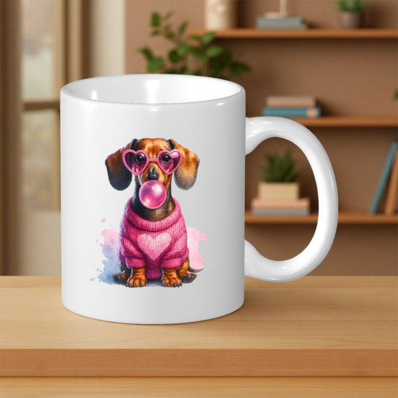 Tailorly White Ceramic 11 oz Mug - Charming Little Brown Dog Wearing Pink Heart Sweater And Stylish Heart Shaped Sunglasses Dachshund