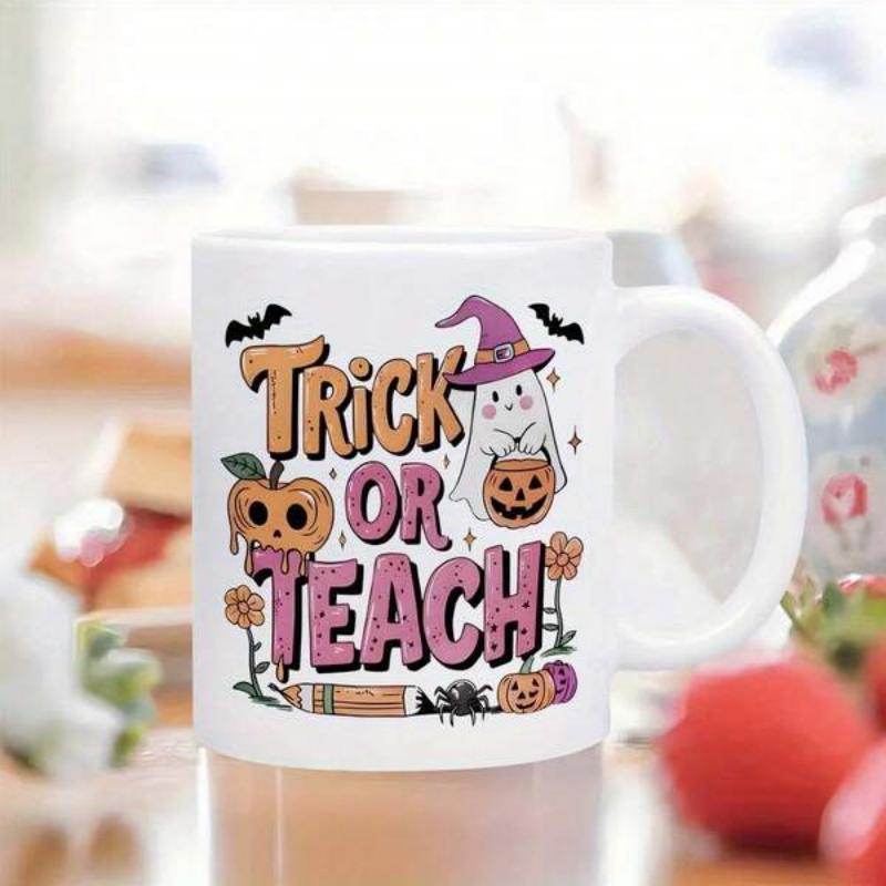 Tailorly White Ceramic 11 oz Mug - Trick Or Teach Cute Halloween Specter With Witch Hat And Pumpkin Pail Among Bats Ghost