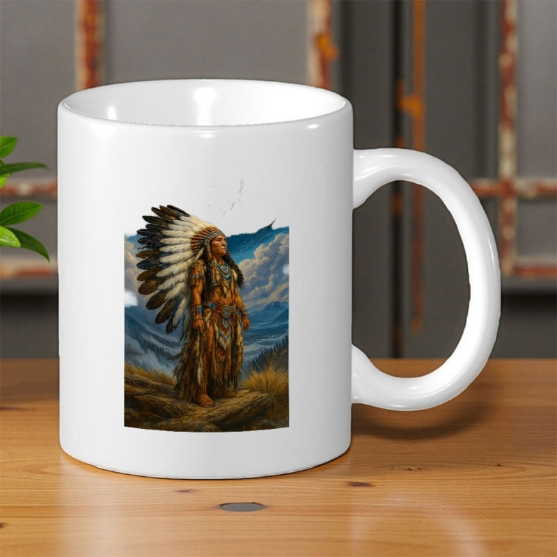 Tailorly White Ceramic 11 oz Mug - Traditional Native American With Feathered Headdress Standing In Scenic Mountain Landscape Warrior