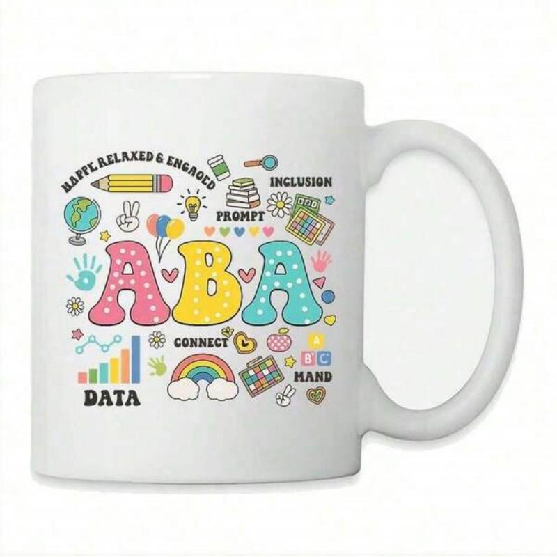 Tailorly White Ceramic 11 oz Mug - Aba Happy Relaxed Engaged Data Connect Prompt Colorful Educational Doodle Icons Surrounding Large Polka Dot Pattern Letters
