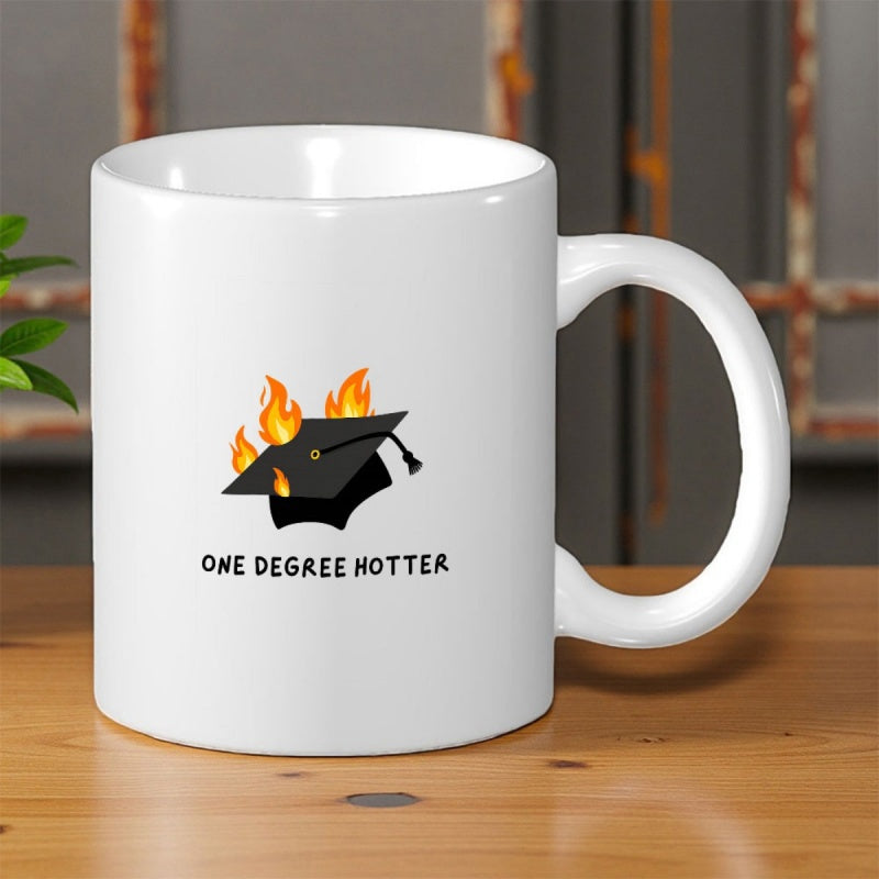 Tailorly White Ceramic 11 oz Mug - One Degree Hotter Flaming Black Graduation Mortarboard Symbolizing High Academic Achievement And Success Cap
