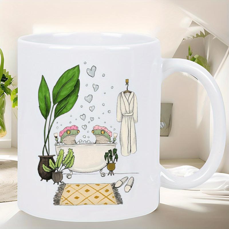 Tailorly White Ceramic 11 oz Mug - Two Happy Relaxing In A Cozy Bathroom Bathtub Scene Frogs