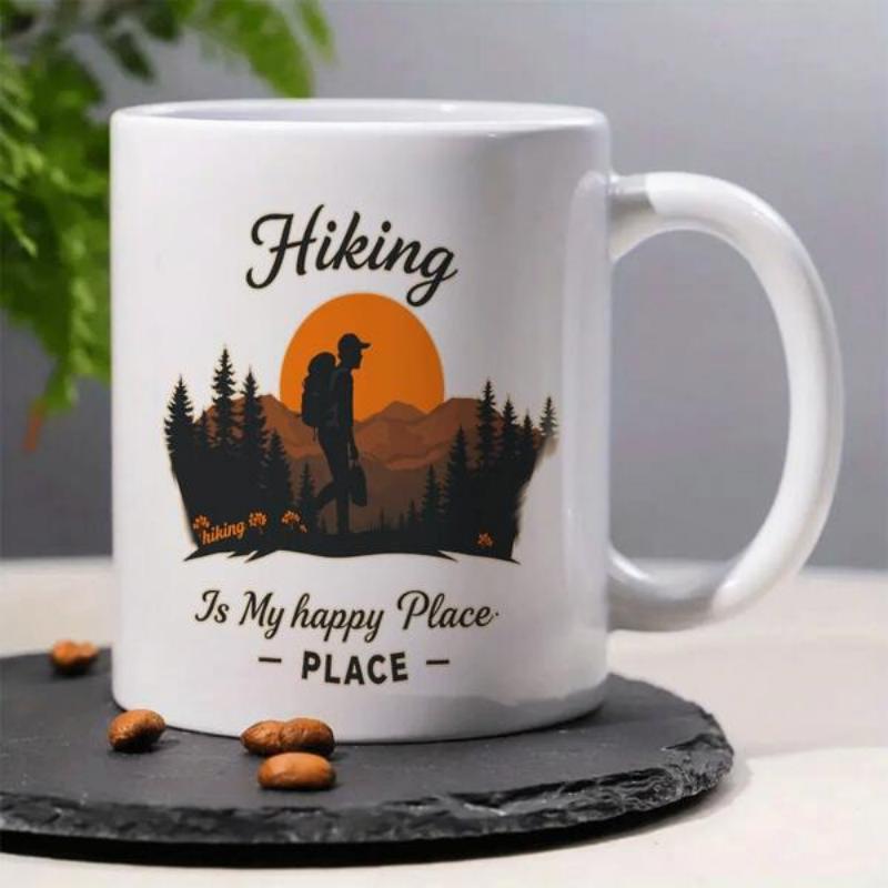 Tailorly White Ceramic 11 oz Mug - Hiking Is My Happy Place Place Mountain Range With Forest Under Glowing Circular Sun Hiker