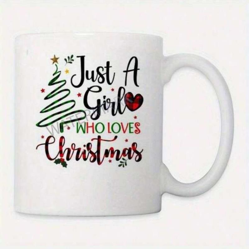 Tailorly White Ceramic 11 oz Mug - Just A Girl Who Loves Christmas Minimalist Green Line Drawing With Red Plaid Heart And Stars Christmas Tree