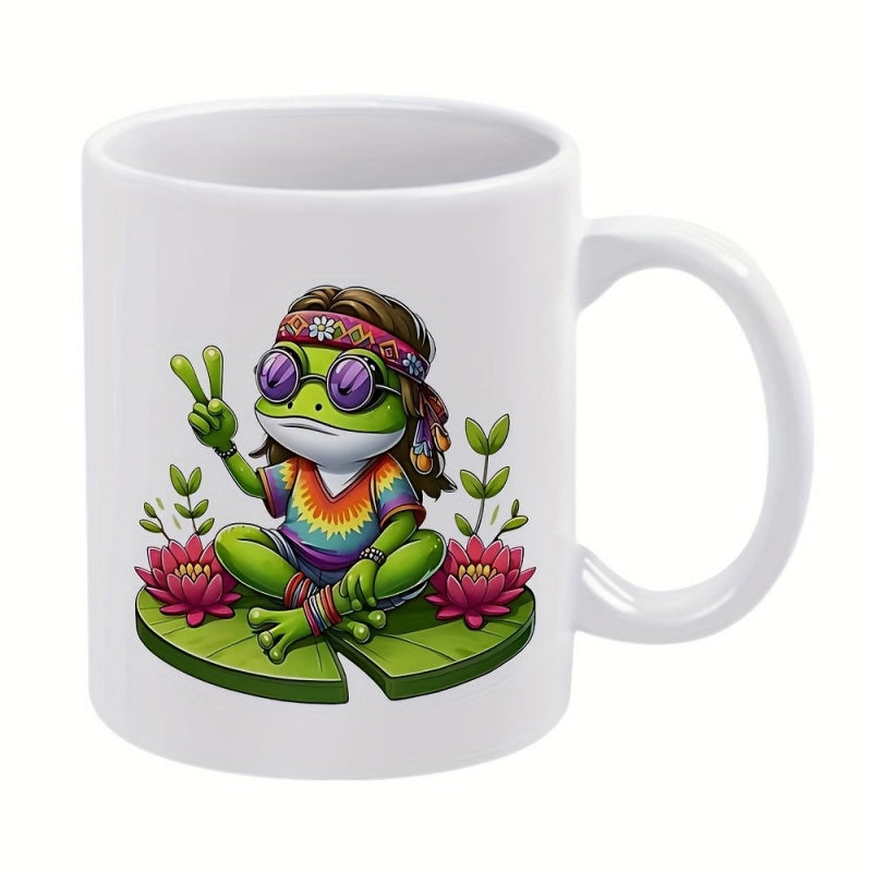 Tailorly White Ceramic 11 oz Mug - Vibrant Hippie Style Sitting On Lily Pad Among Beautiful Lotus Flowers Frog