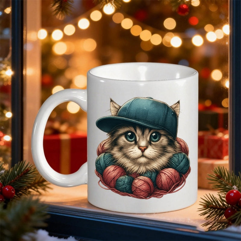 Tailorly White Ceramic 11 oz Mug - Cute Fluffy Kitten Wearing Sporty Cap Surrounded By Pink Teal Yarn Cat