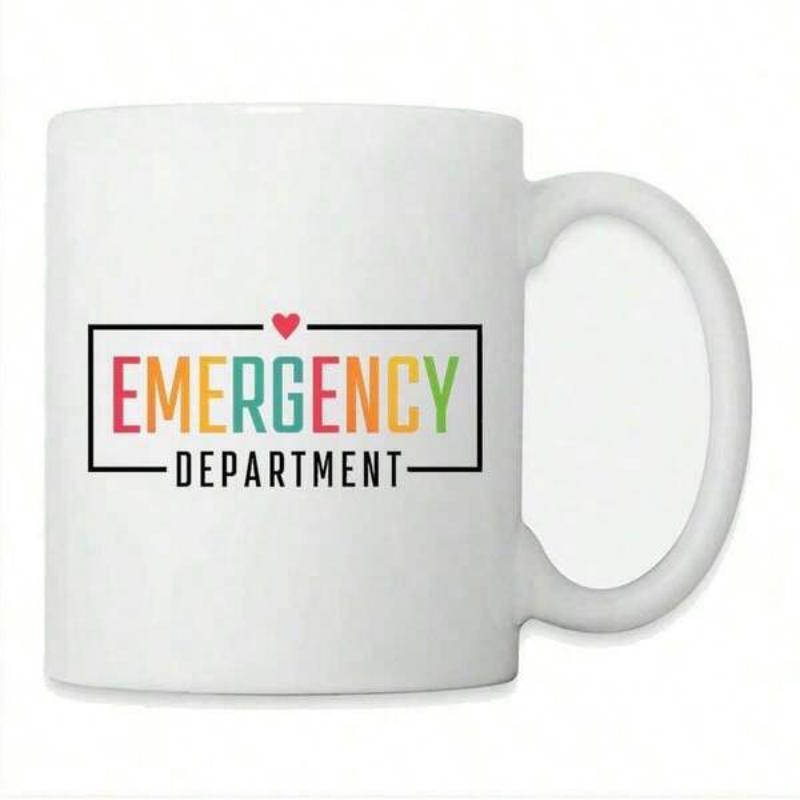Tailorly White Ceramic 11 oz Mug - Emergency Department Colorful Letters Within Black Frame Adorned With Tiny Red Heart Design