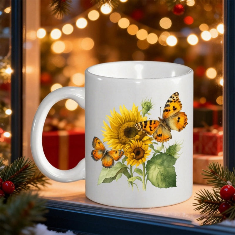Tailorly White Ceramic 11 oz Mug - Vibrant Yellow Petals Blooming Among Green Leaves With Flying Butterfly Sunflower