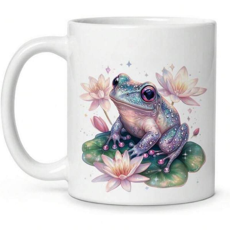 Tailorly White Ceramic 11 oz Mug - Watercolor Style Sitting On Lily Pad Among Soft Pink Lotus Flowers Frog