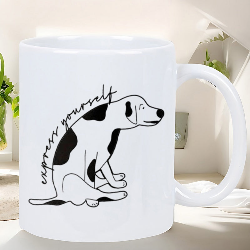 Tailorly White Ceramic 11 oz Mug - Express Yourself Minimalist Line Art Hand Drawn Sitting With Spots Dog
