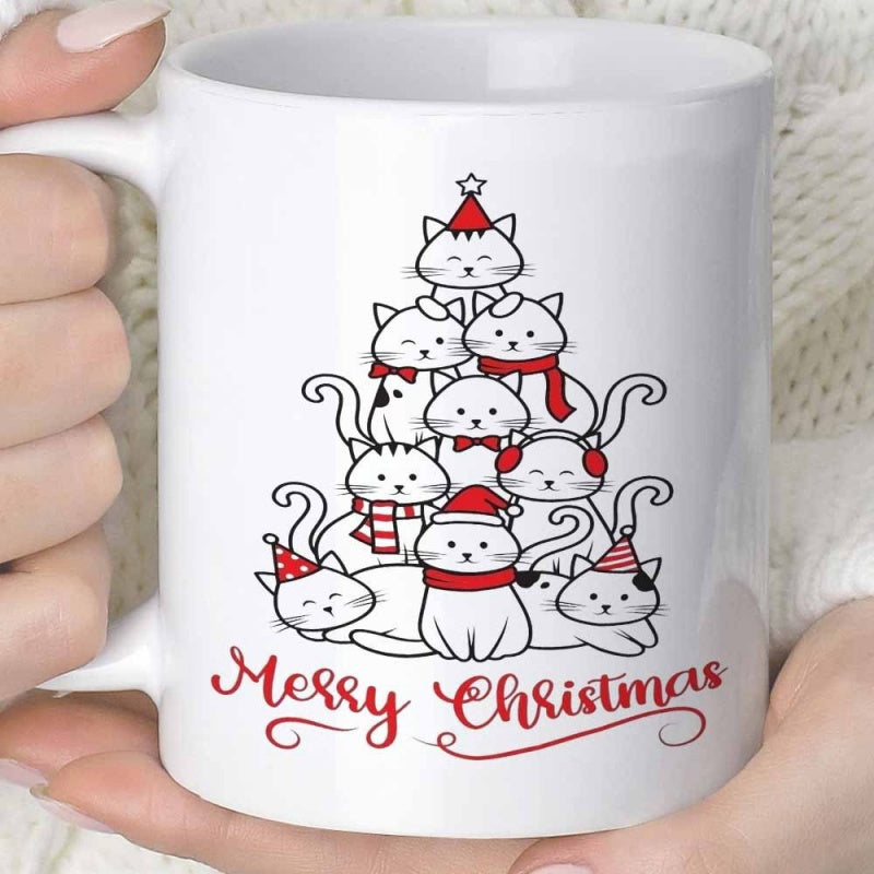 Tailorly White Ceramic 11 oz Mug - Merry Christmas Stacked Cartoon Kittens Wearing Red Scarves In A Festive Tree Shape Cat