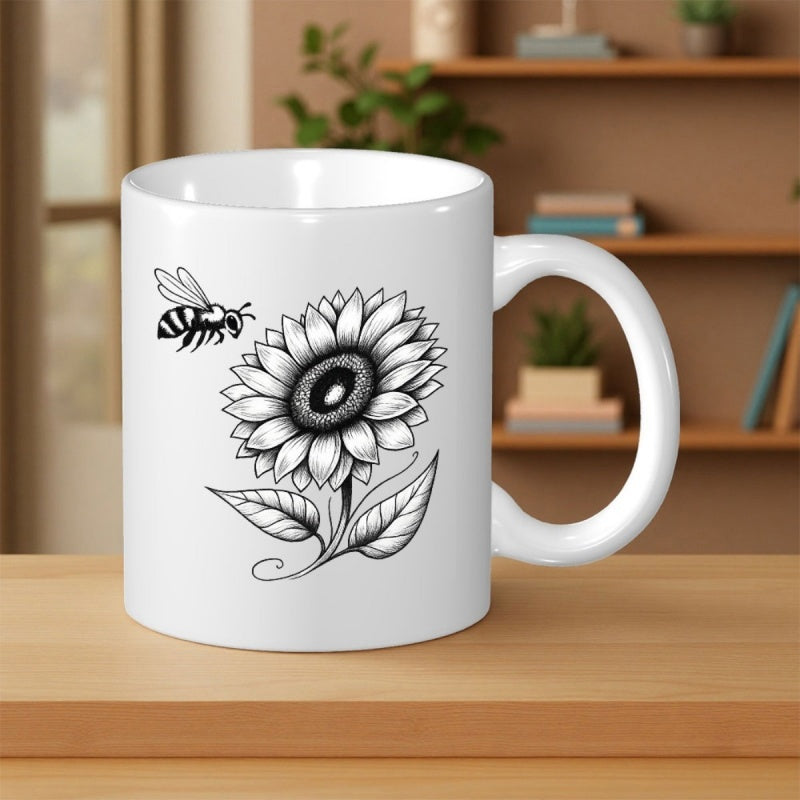 Tailorly White Ceramic 11 oz Mug - Hand Drawn Black Ink Bee Flying Towards A Blooming Wild Sunflower