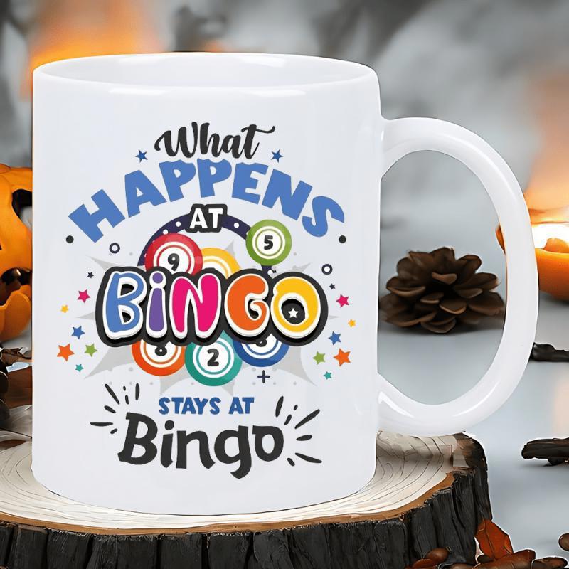 Tailorly White Ceramic 11 oz Mug - What Happens At Bingo Stays At Bingo Colorful Numbered Balls Surrounded By Bright Stars And Decorative Splashes Bingo Balls