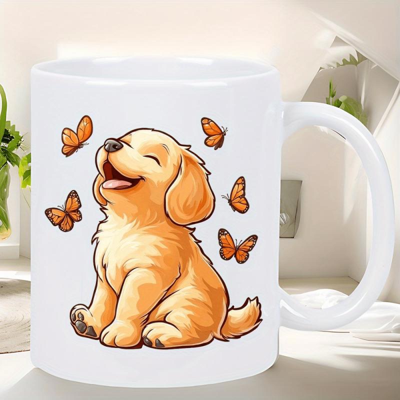 Tailorly White Ceramic 11 oz Mug - Adorable Golden Retriever Puppy Surrounded By Fluttering Orange Butterflies Sitting Contented Puppy