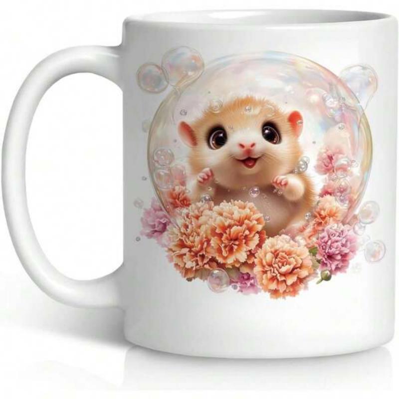 Tailorly White Ceramic 11 oz Mug - Cute Little Furry Animal Inside Shimmering Bubble Floating Among Pink Flowers Hamster