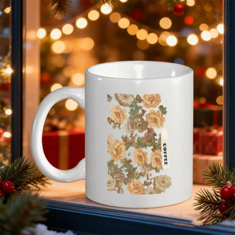Tailorly White Ceramic 11 oz Mug - Coffee Vintage Botanical Garden With Elegant Yellow Roses And Lush Green Leaves Mug