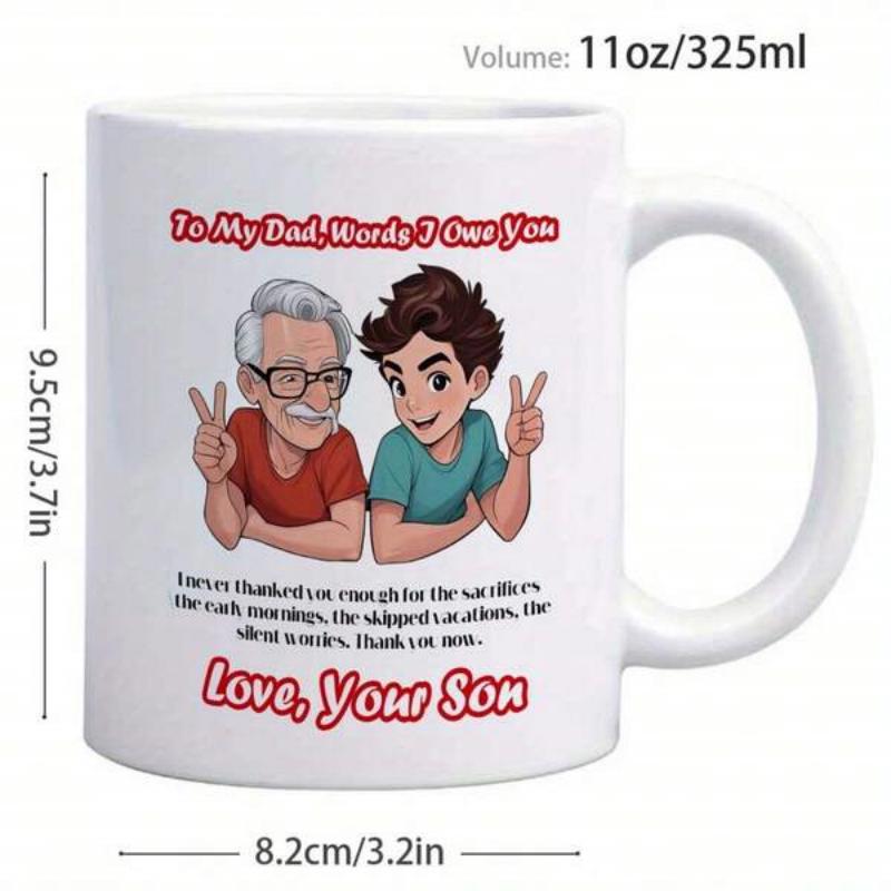 Tailorly White Ceramic 11 oz Mug - To My Dad Words I Owe You Love Your Son Animated Style Elderly Father And Young Son Posing With Peace Signs Father And Son