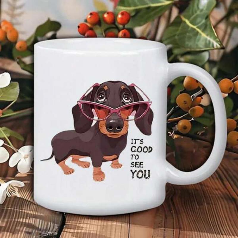 Tailorly White Ceramic 11 oz Mug - Its Good To See You Adorable Cartoon Sausage Dog Wearing Pink Sunglasses Standing On White Surface Dachshund