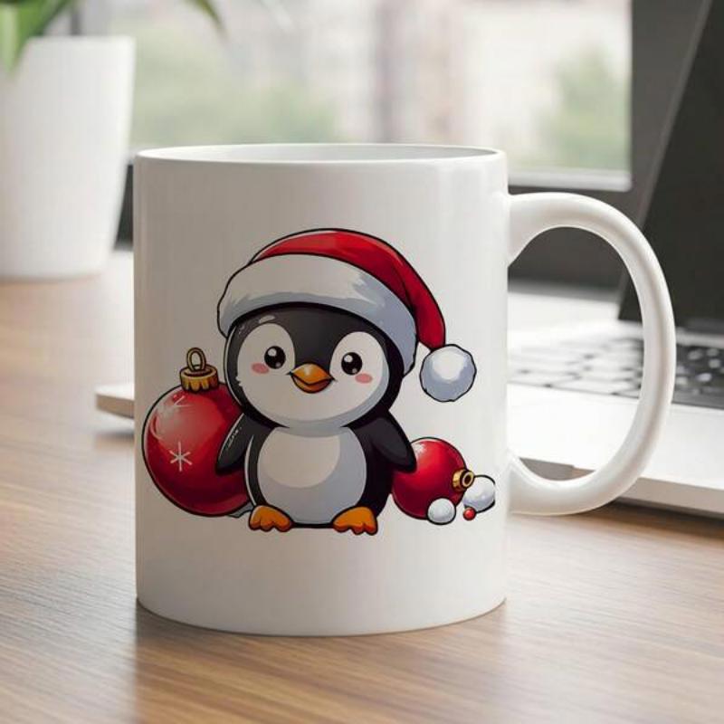 Tailorly White Ceramic 11 oz Mug - Adorable Festive Holiday Cartoon Character Standing Beside Large Red Christmas Baubles Penguin