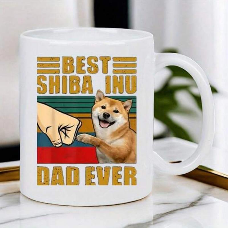 Tailorly White Ceramic 11 oz Mug - Best Shiba Inu Dad Ever Smiling Dog Character Fist Bumping Human Hand On Retro Vintage Background Shiba Inu