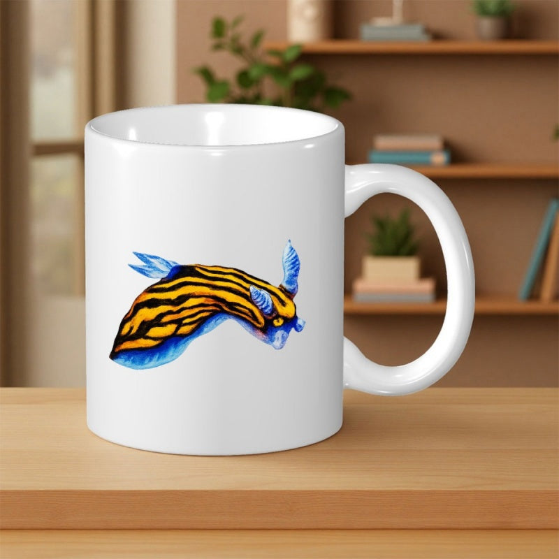 Tailorly White Ceramic 11 oz Mug - Vibrant Blue And Yellow Striped Marine Creature Gliding Through Tropical Ocean Waters Nudibranch