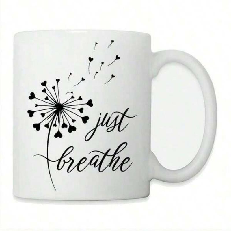 Tailorly White Ceramic 11 oz Mug - Just Breathe Delicate Black Dandelion With Heart Seeds Blowing Gracefully In The Wind Dandelion