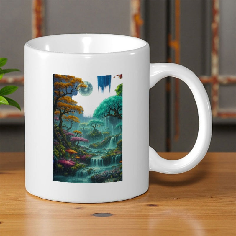 Tailorly White Ceramic 11 oz Mug - Vibrant Enchanted Jungle With Cascading Waterfalls And Glowing Celestial Orbs Forest