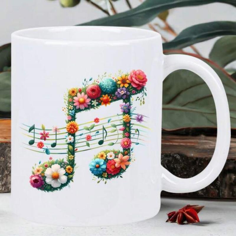 Tailorly White Ceramic 11 oz Mug - Vibrant Colorful Flowers Blooming Among Artistic Lines On A Melodic Musical Note