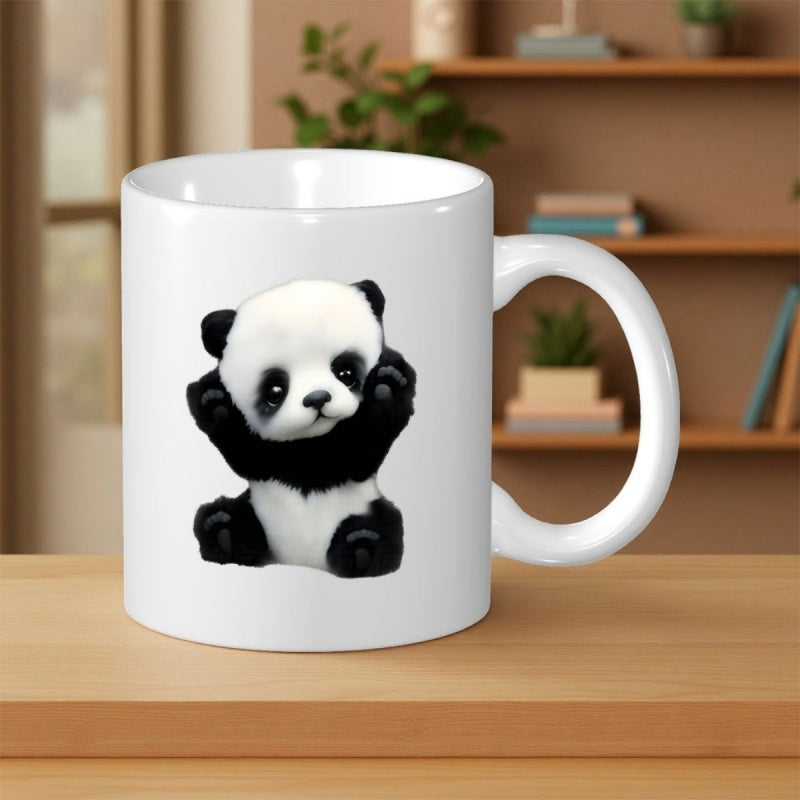 Tailorly White Ceramic 11 oz Mug - Adorable Fluffy Baby Sitting Comfortably With Paws Raised Gracefully Panda
