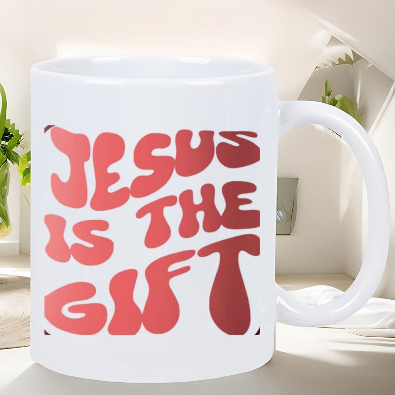 Tailorly White Ceramic 11 oz Mug - Jesus Is The Gift Wavy Bold Retro Letters Flowing With Gradient Pink And Red Tones Typography