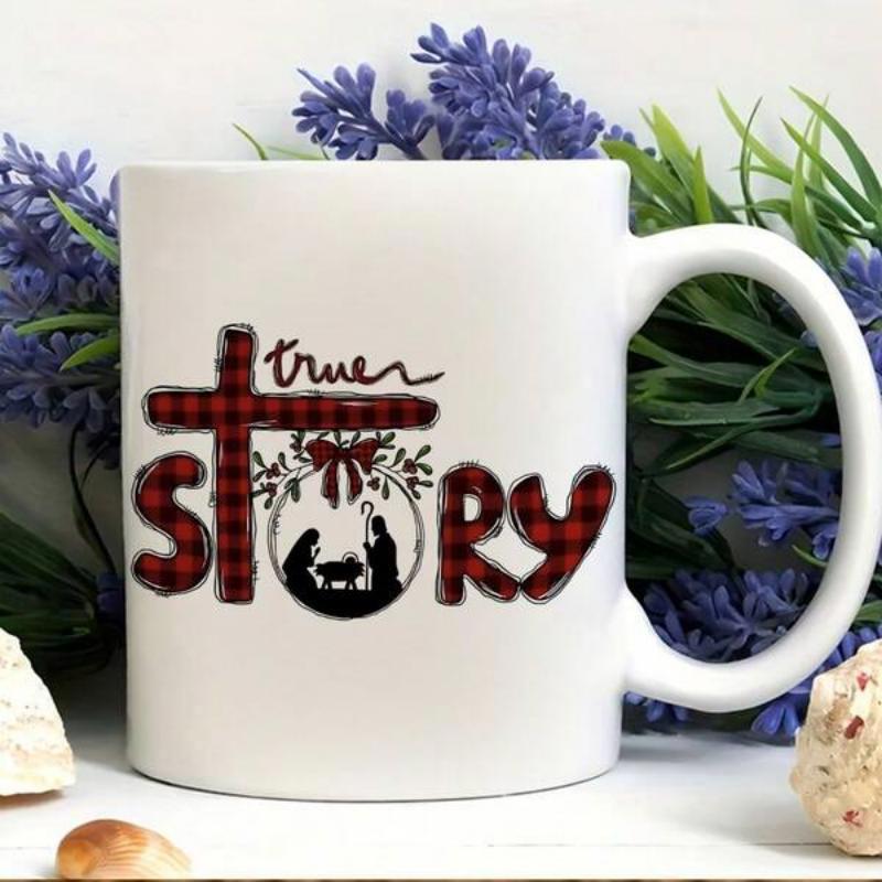 Tailorly White Ceramic 11 oz Mug - True Story Religious Buffalo Plaid Pattern With Holy Nativity Scene Silhouette Featuring Artistic Script Cross
