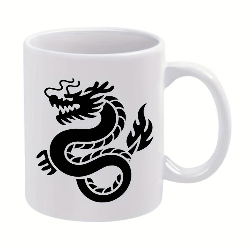 Tailorly White Ceramic 11 oz Mug - Serpentine Mythical Creature With Coiled Body And Sharp Claws Stencil Style Dragon