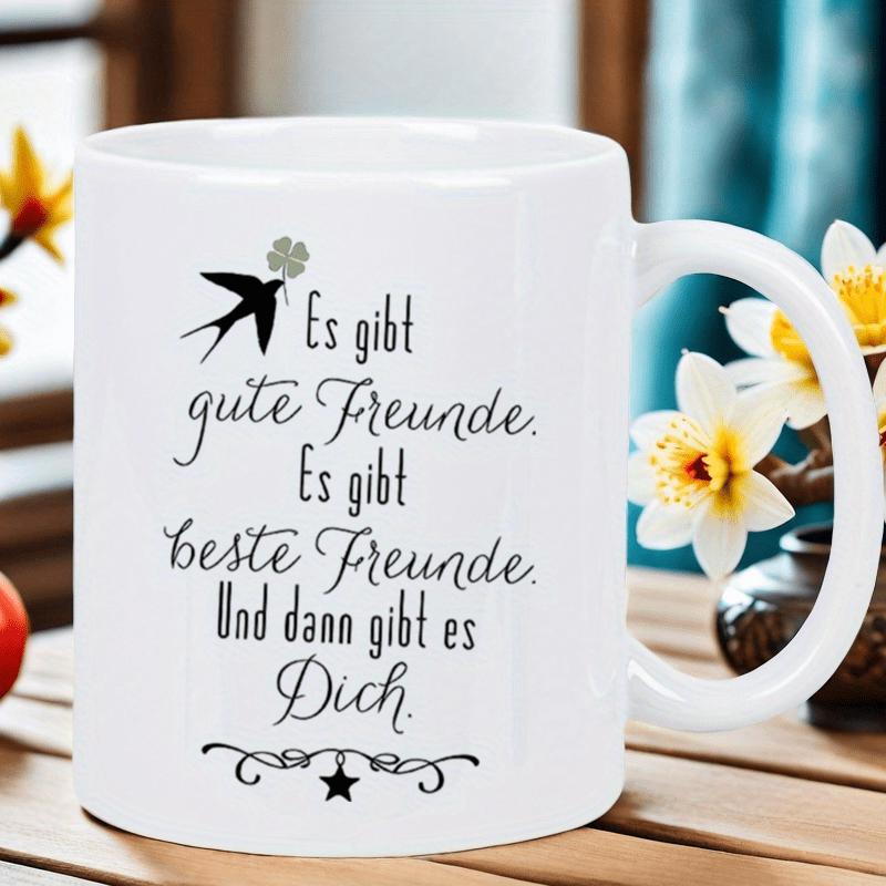 Tailorly White Ceramic 11 oz Mug - Graceful Flying Silhouette Of A Swallow Carrying A Lucky Green Clover Swallow