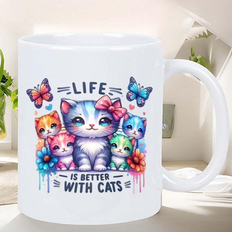 Tailorly White Ceramic 11 oz Mug - Life Is Better With Cats Adorable Colorful Kittens With Vibrant Butterflies And Bright Blooming Flowers Cat