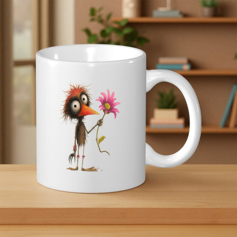 Tailorly White Ceramic 11 oz Mug - Whimsical Disheveled Avian Character Holding A Radiant Pink Spring Flower Bird