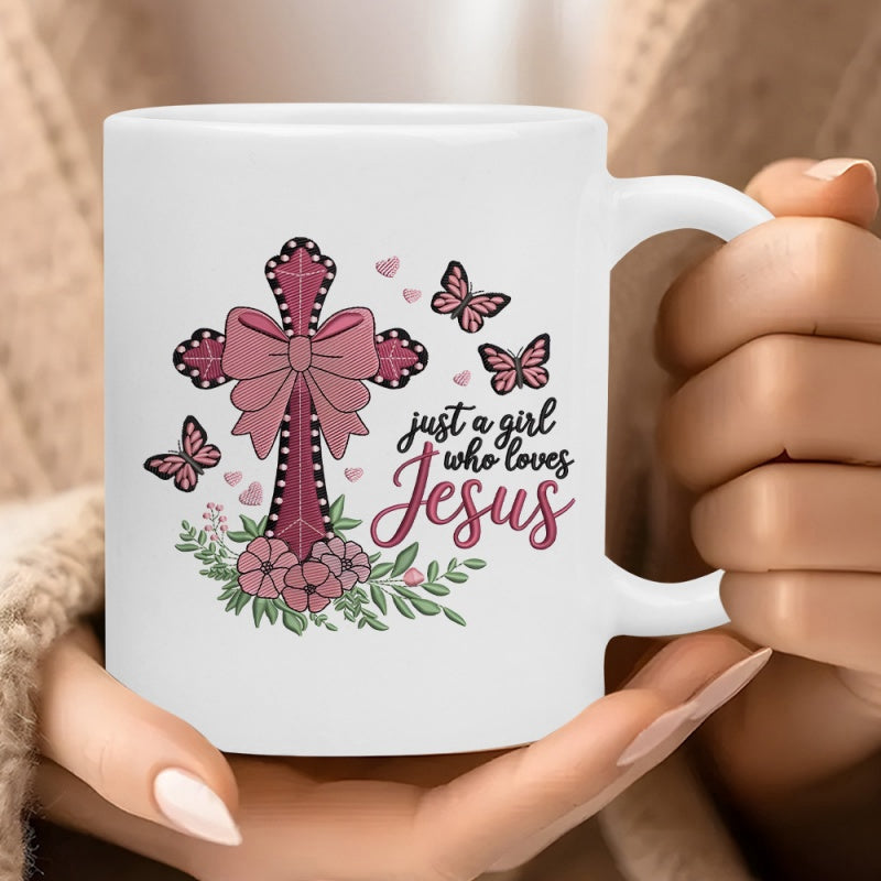 Tailorly White Ceramic 11 oz Mug - Just A Girl Who Loves Jesus Floral Religious Design With Delicate Butterflies And A Soft Pink Bow Cross