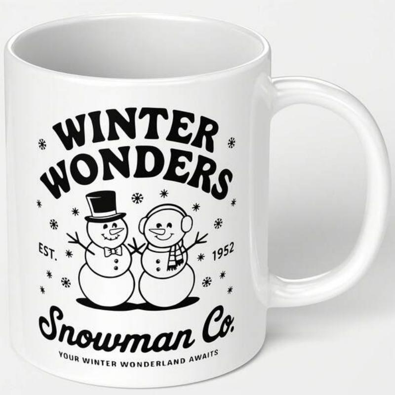Tailorly White Ceramic 11 oz Mug - Winter Wonders Snowman Co Your Winter Wonderland Awaits Est 1952 Two Friendly Snowmen Wearing Decorative Accessories Surrounded