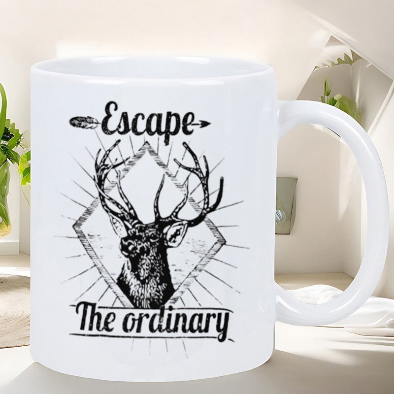 Tailorly White Ceramic 11 oz Mug - Escape The Ordinary Hand Drawn Majestic Stag With Large Antlers Inside A Diamond Frame Deer