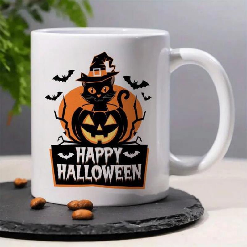 Tailorly White Ceramic 11 oz Mug - Happy Halloween Spooky Flying Bats Surrounding A Mystical Black Cat Wearing Witch Hat Cat