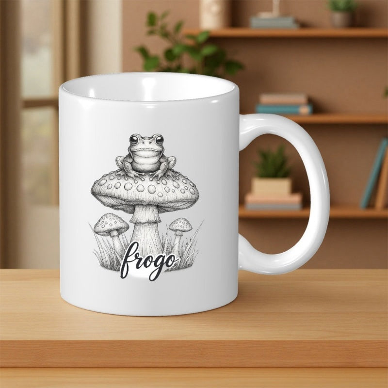 Tailorly White Ceramic 11 oz Mug - Frogo Hand Drawn Vintage Style Sketch Sitting On A Large Forest Mushroom Frog