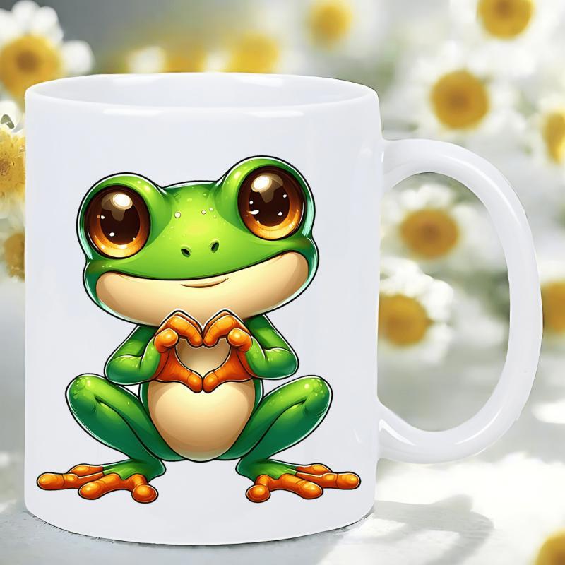 Tailorly White Ceramic 11 oz Mug - Adorable Green Cartoon Character Making Heart Shape With Tiny Webbed Hands Frog
