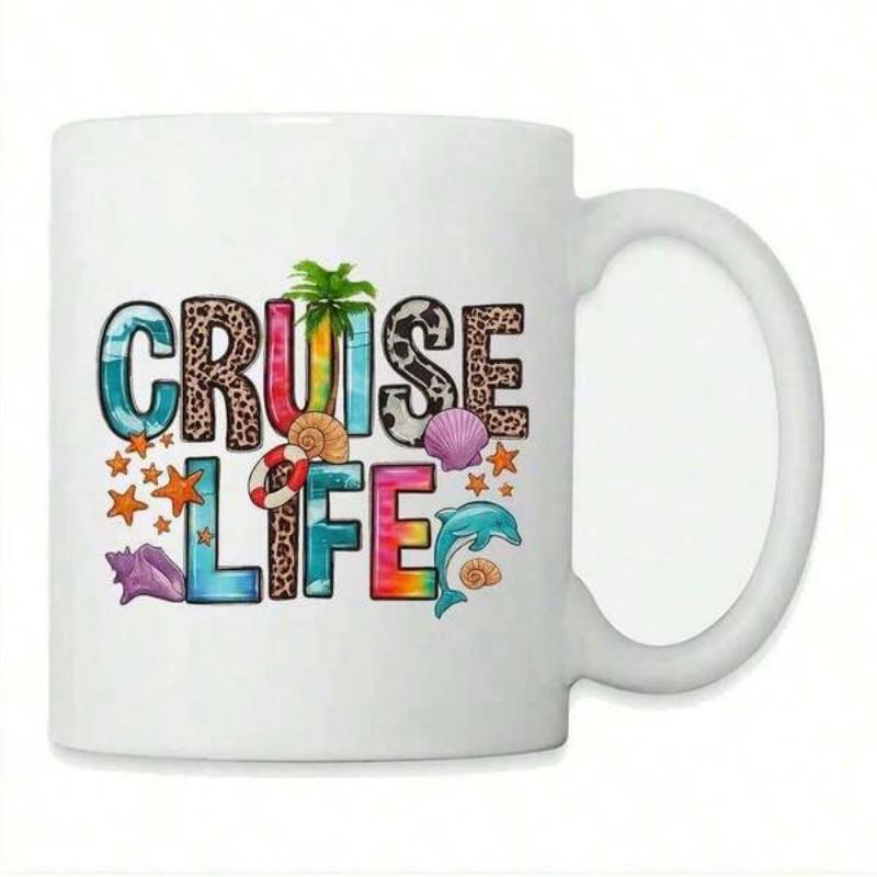Tailorly White Ceramic 11 oz Mug - Cruise Life Colorful Summer Beach Elements With Dolphins And Palm Trees Mug