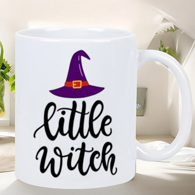 Tailorly White Ceramic 11 oz Mug - Little Witch Classic Purple Pointed Cap Featuring Red Decorative Ribbon Witch Hat