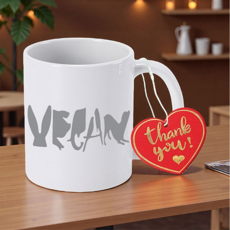 Tailorly White Ceramic 11 oz Mug - Vegan Silhouette Animals Forming Letters For Gentle Compassionate Lifestyle Choice Vegan