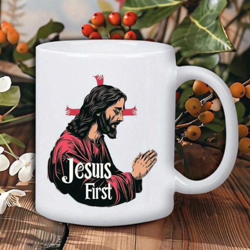 Tailorly White Ceramic 11 oz Mug - Jesus First Praying Man With Red Robe Standing Before A Symbolic Sacred Cross Jesus