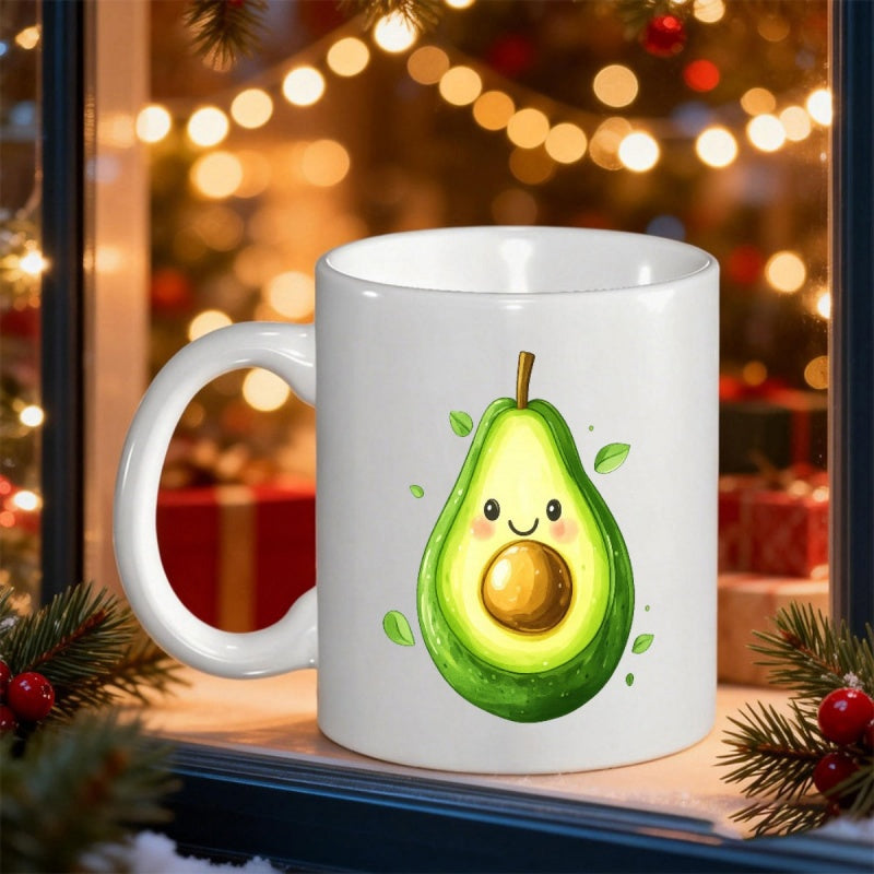 Tailorly White Ceramic 11 oz Mug - Smiling Green Cartoon Fruit Featuring Tiny Leaves And Happy Pit Avocado