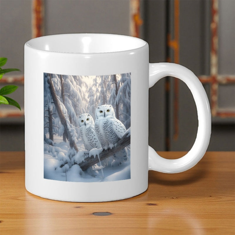 Tailorly White Ceramic 11 oz Mug - Majestic Snowy Owls Perched On Frosty Trees In Serene Winter Forest Owl