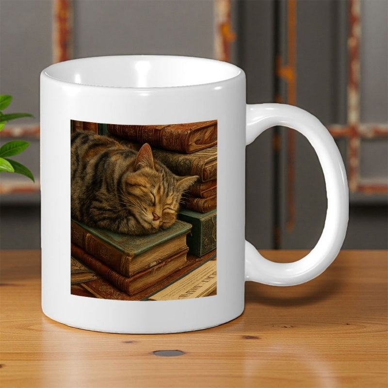 Tailorly White Ceramic 11 oz Mug - Sleeping Tabby Cat Resting Peacefully On A Stack Of Vintage Books Cat